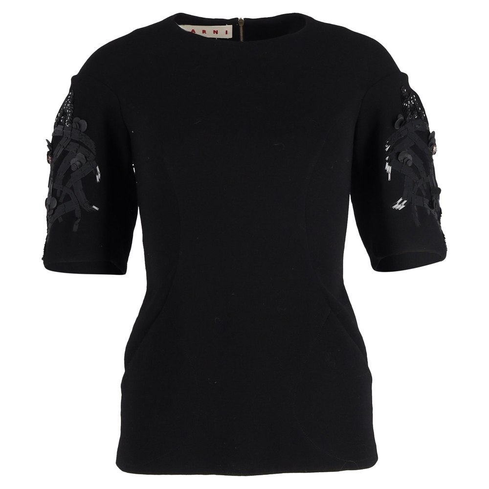 Marni Embellished Balloon Sleeve Top in Black Wool 7833149440060
