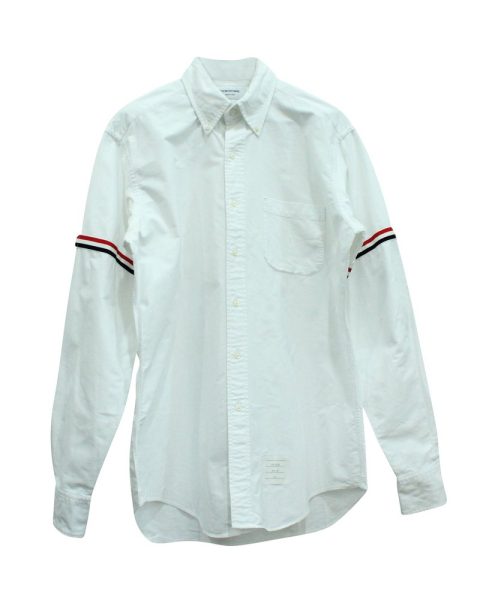 Thom Browne Button-Down Collar Striped Grosgrain-Trimmed Oxford Shirt in White Cotton 7833152454716