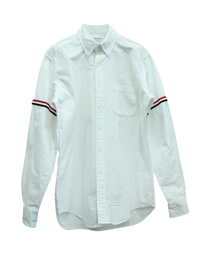 Thom Browne Button-Down Collar Striped Grosgrain-Trimmed Oxford Shirt in White Cotton 7833152454716