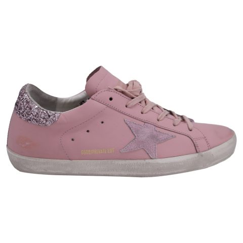 Golden Goose Super-star with Glitter Heel Tab Low-Top Sneakers in Pink Leather 7833152749628