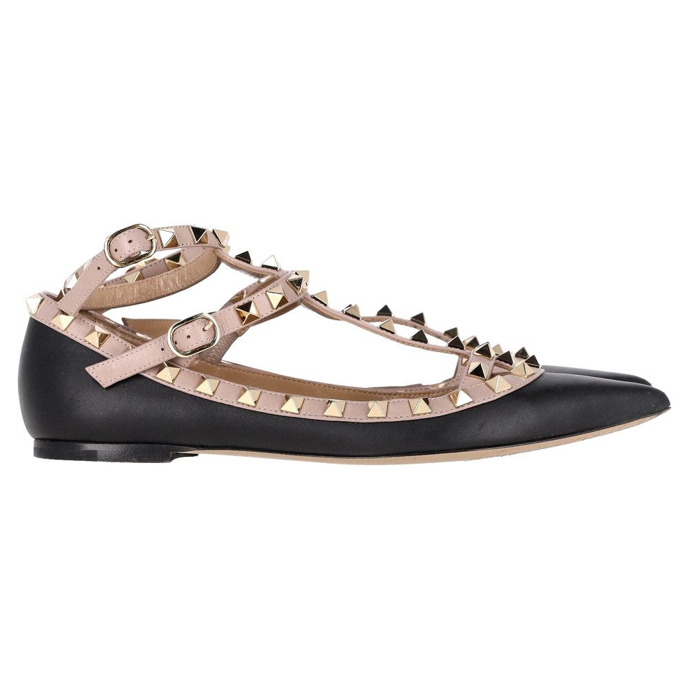 Valentino Garavani Rockstud Caged Ballet Flats in Black Calfskin Leather 7833153339452
