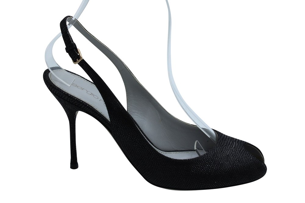 Sergio Rossi Peep Toe Slingback Heels in Black Textured Leather 7833157042236