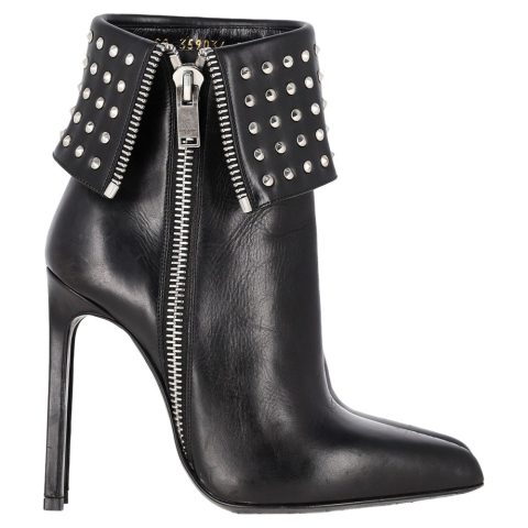 Saint Laurent Paris Fold Over Studded Booties in Black Leather 7833157238844
