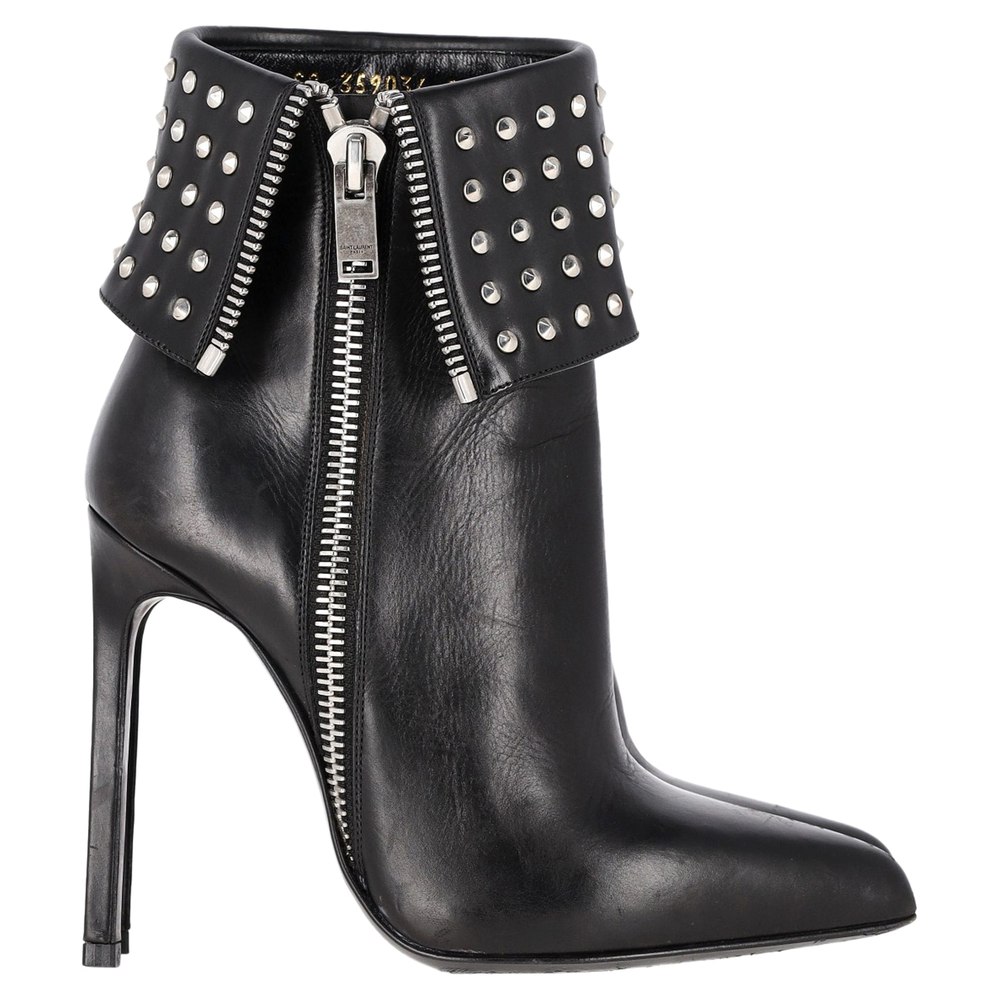 Saint Laurent Paris Fold Over Studded Booties in Black Leather 7833157238844