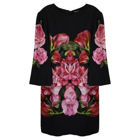 Dolce & Gabbana Rose Print Crepe Shift Dress in Black Viscose 7833159958588