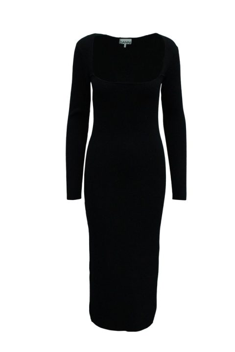 Maje Square-Neck Ribbed-Knit Midi Dress in Black Rayon 7833162776636