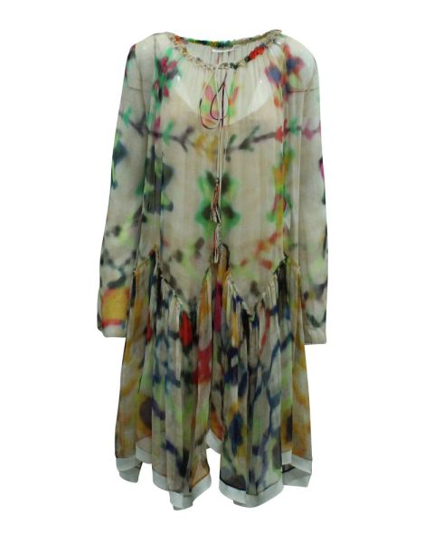 Chloe Tie Dye Print Peasant Dress in Multicolor Silk 7833164808252