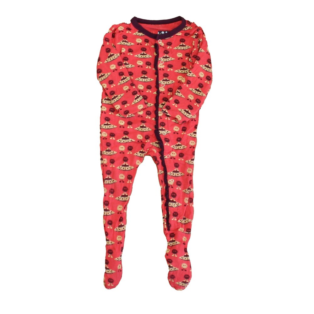Kickee Pants Girls Pink | Maroon Spaceships 1-piece footed Pajamas 7805823647804