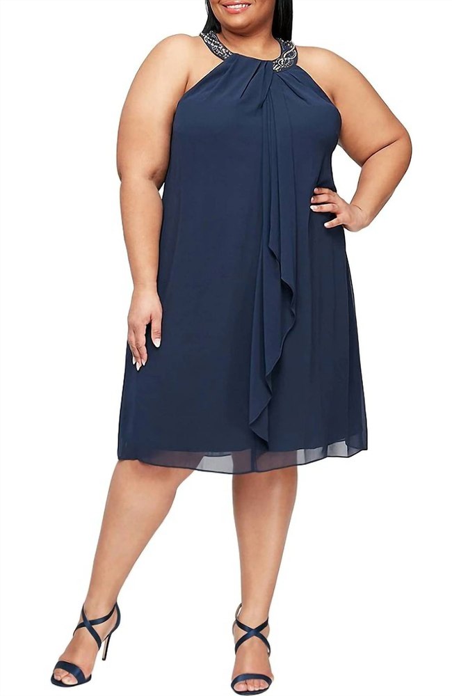 Halter Braid Bead Neck Chiffon Dress In Navy