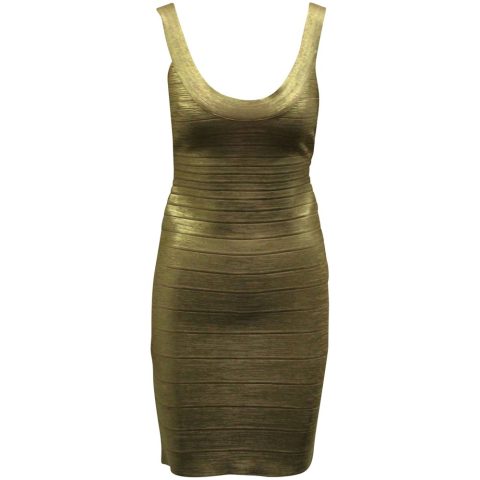 Herve Leger Scoop Neck Bandage Foil Dress in Gold Rayon 7833168805948