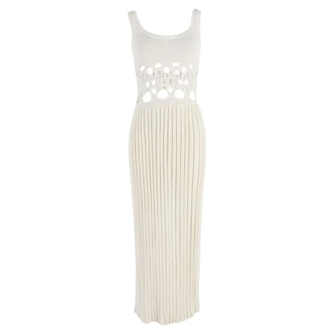 Christopher Esber Pleated Maxi Crochet-Knit Torso Dress in Cream Nylon 7833172934716