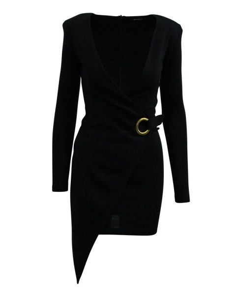Balmain Asymmetric Wrap Dress in Black Wool 7833172607036