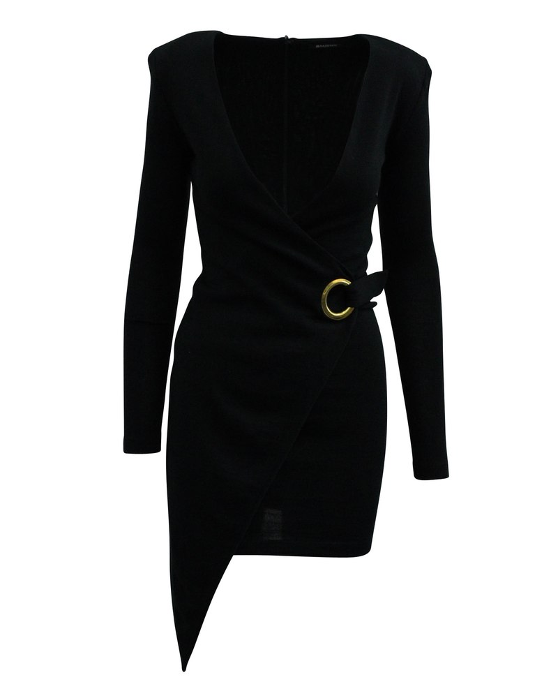 Balmain Asymmetric Wrap Dress in Black Wool 7833172607036