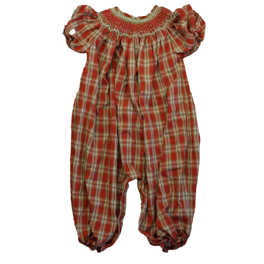 Nola Smocked Girls Rust Plaid Romper 7805824368700