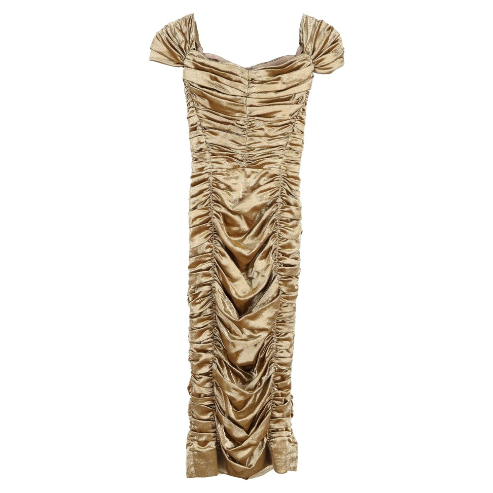 Dolce & Gabbana Ruched Midi Dress in Metallic Gold Silk 7833174048828