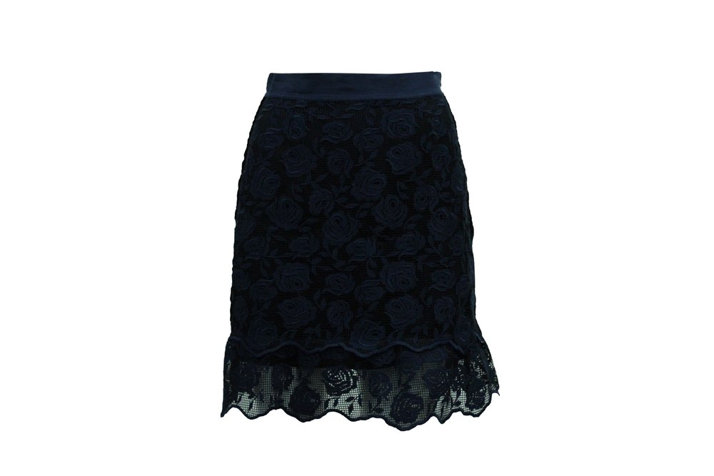 Sandro Dee Rose Pattern Lace Skirt in Navy Blue Polyester 7833174966332