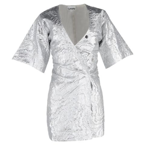 Ganni Metallic Cloqué Mini Wrap Dress in Silver Polyester 7833176408124
