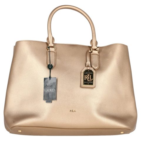Lauren by Ralph Lauren Double Compartment Satchel Bag in Metallic Gold Leather 7833178898492