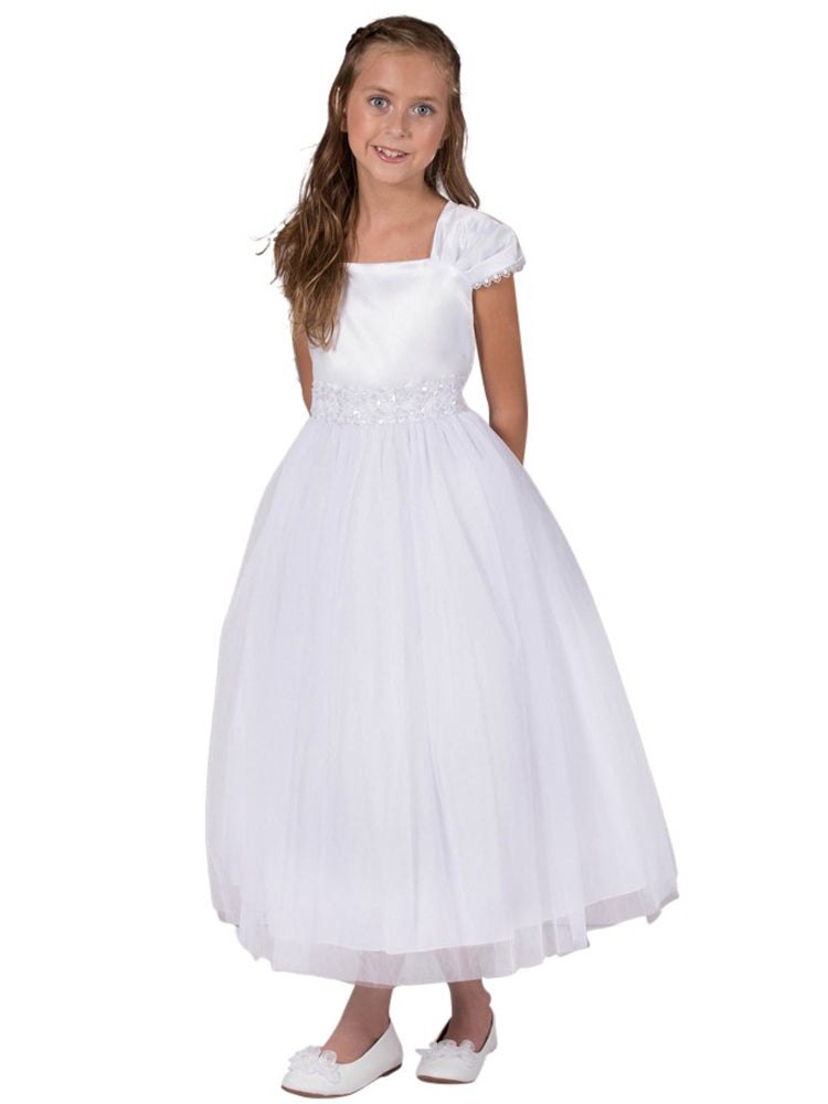 Big Girls White Satin Mesh Lace Beadwork Communion Dress 8-16