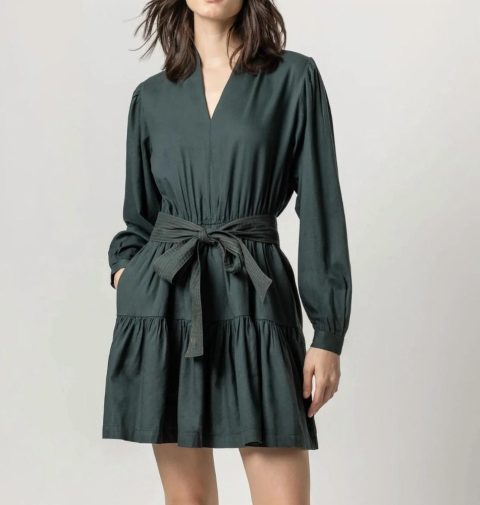 Long Sleeve Split Neck Peplum Dress In Elm