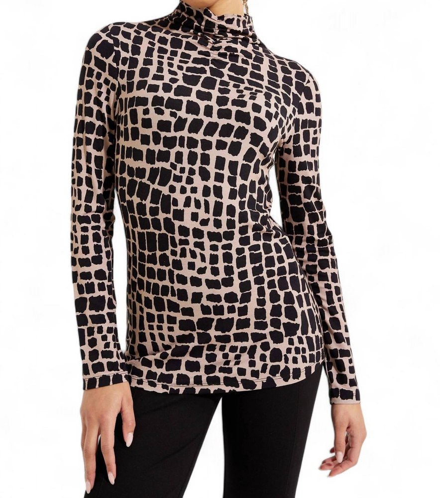 Mock Neck Animal Print Top In Black/latte 7704735612988
