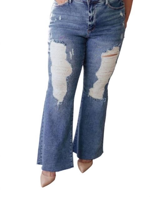 High Rise Heavy Destroy Flare Jeans In Medium Wash 7704742690876
