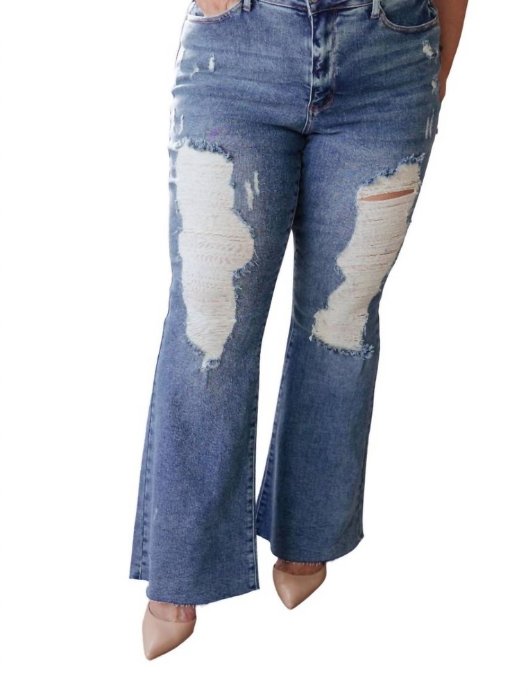 High Rise Heavy Destroy Flare Jeans In Medium Wash 7704742690876