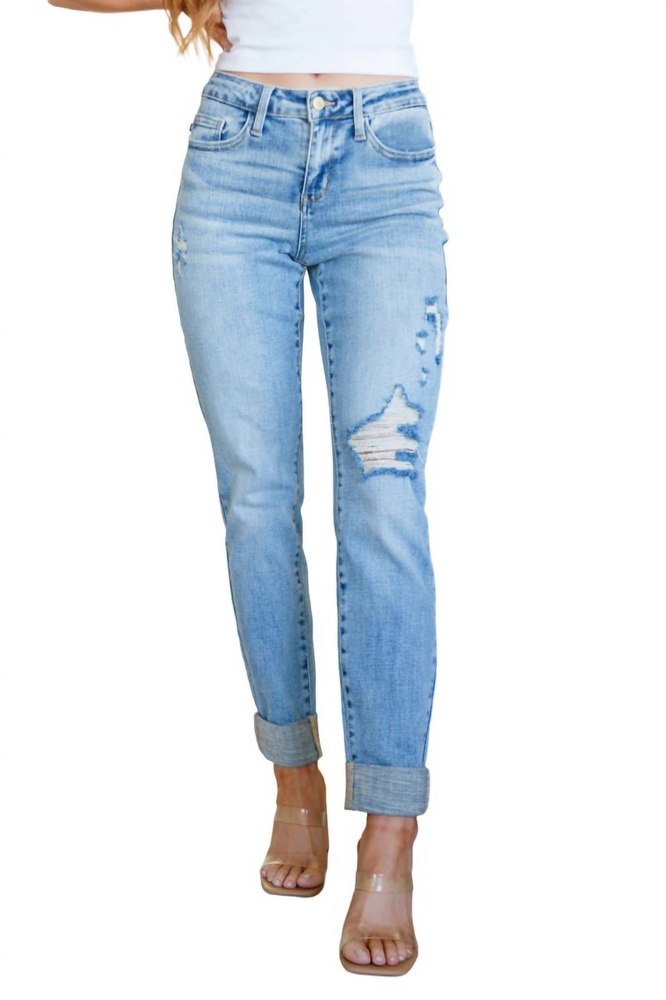 Mid Rise Distressed Boyfriend Jeans In Medium Wash 7704743215164