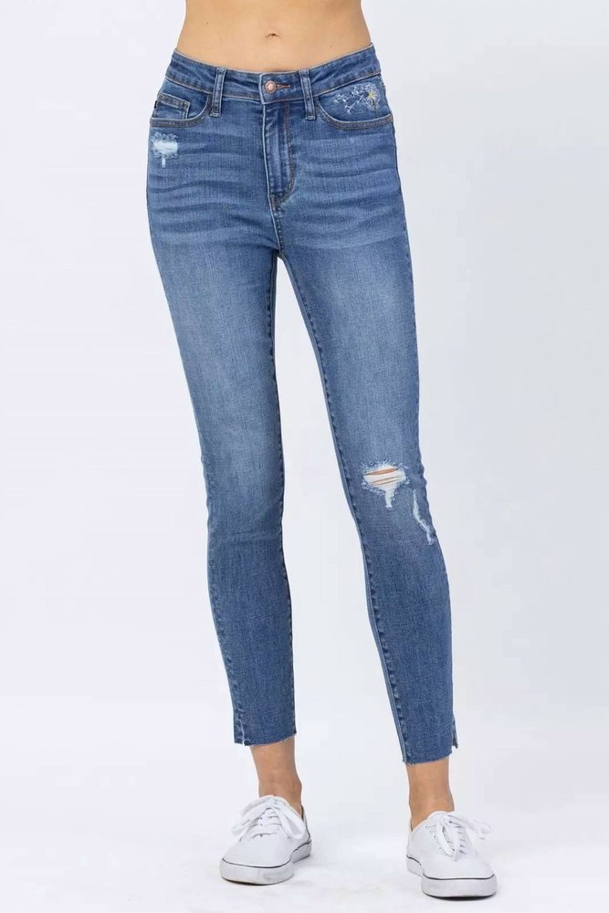 Hi-Waisted Dandelion Embroidery Skinny Jeans In Dark Wash 7704747376700