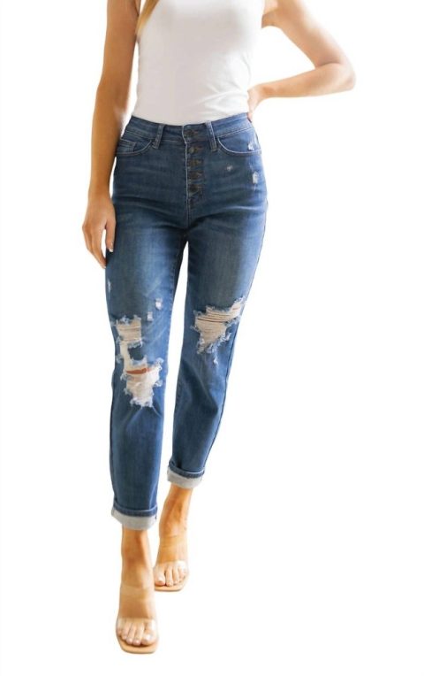 High Rise Button Fly Distressed Boyfriend Jeans In Dark Wash 7704747049020