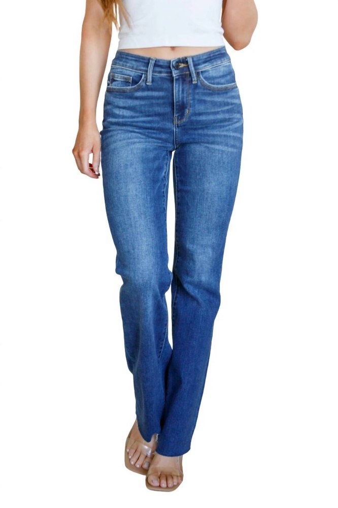 Mid Rise Raw Hem Bootcut Jeans In Dark Wash 7704746360892