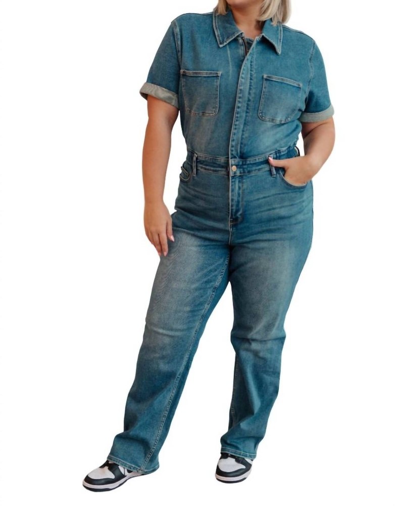 Short Sleeve Denim Jumpsuit In Medium Wash 7704750424124