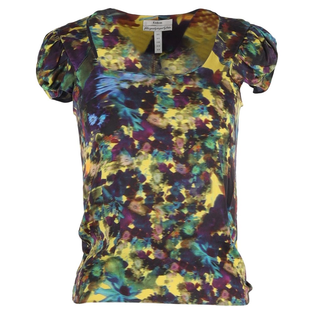 Erdem Short Sleeve Printed Top in Multicolour Silk 7833194856508