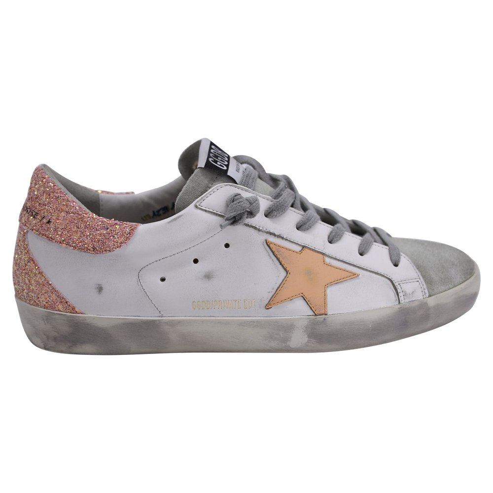Golden Goose Super-Star with Glitter Heel Tab Low-Top Sneakers in White Leather 7833195839548