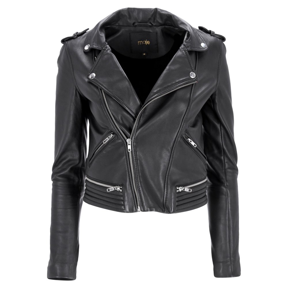 Maje Maya Biker Jacket with Quilt Detail in Black Leather 7833196101692