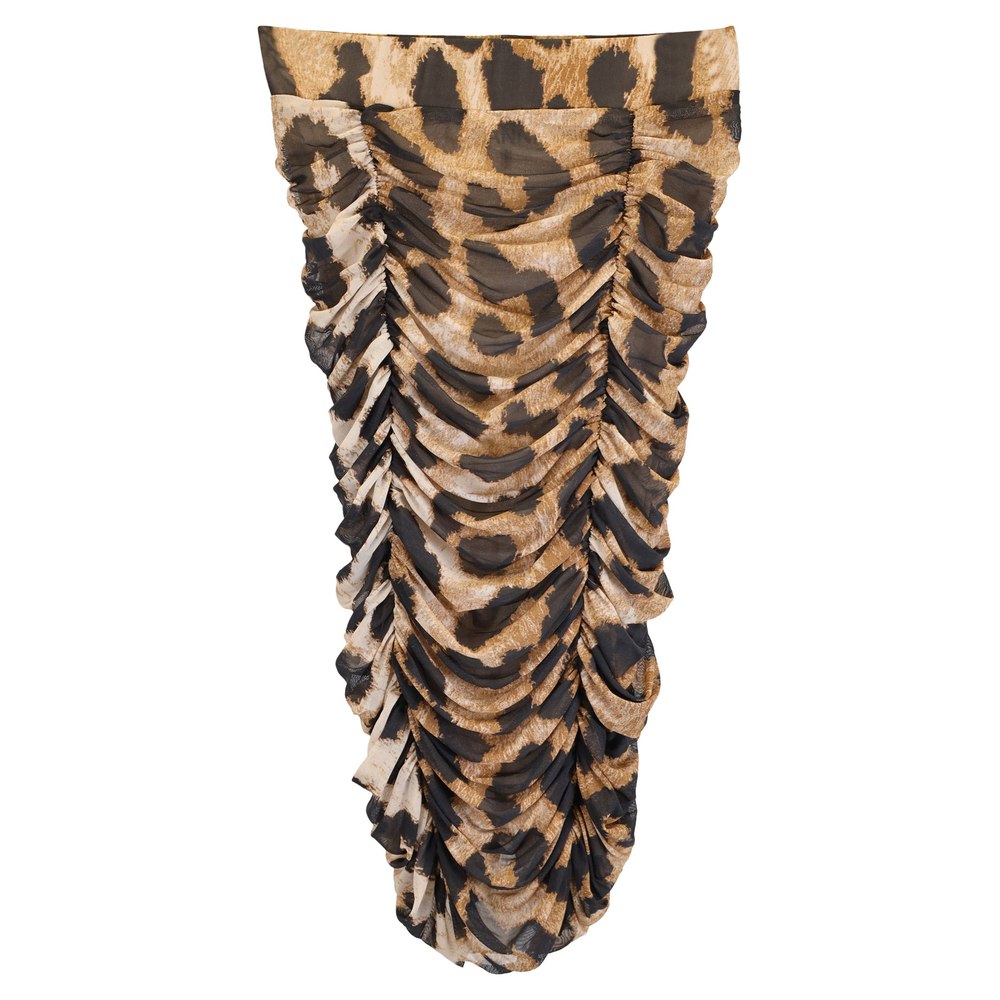Ganni Ruched Leopard Print Midi Mesh Skirt in Brown Polyester 7833197150268