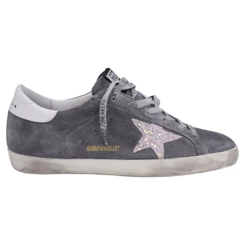 Golden Goose Super-Star with Glittered Star Low-Top Sneakers in Grey Suede 7833195675708