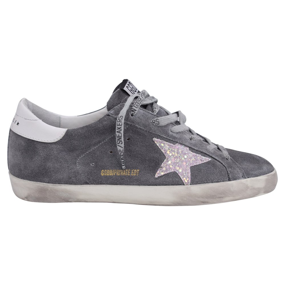 Golden Goose Super-Star with Glittered Star Low-Top Sneakers in Grey Suede 7833195675708