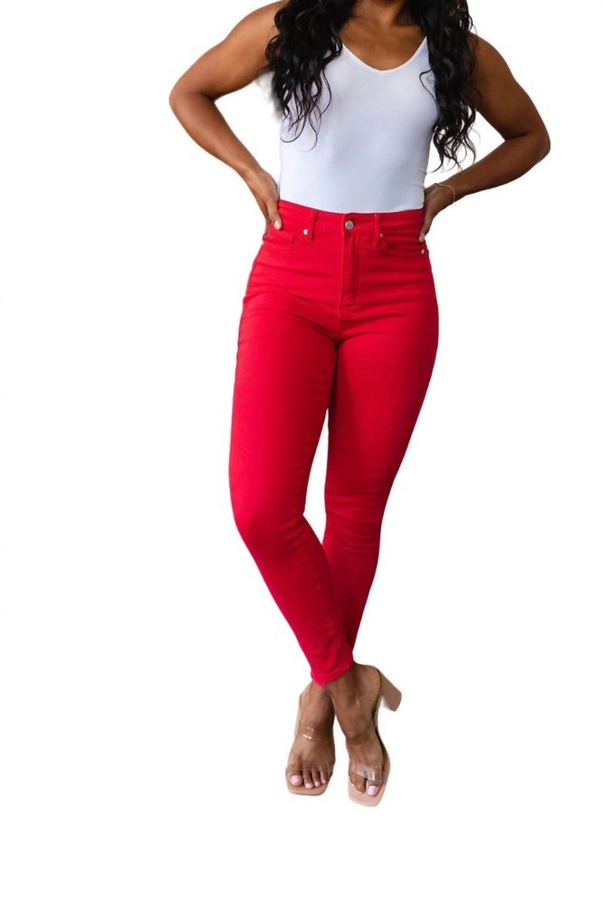 High Rise Control Top Garment Dyed Skinny Jeans In Red 7704766185532