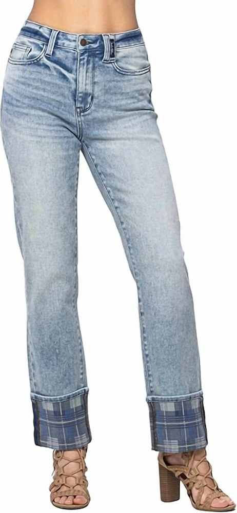 High Rise Plaid Cuff Vintage Straight Jeans In Medium Wash 7704765988924