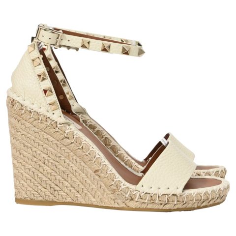 Valentino Garavani Rockstud Espadrille Wedge Ankle Strap Sandals in Cream Leather 7833197543484