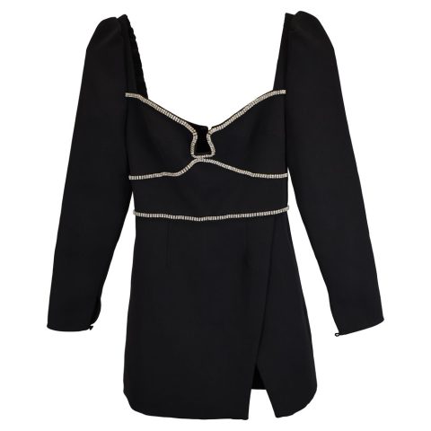 Self-Portrait Diamanté-Trim Mini Dress in Black Polyester 7833197576252