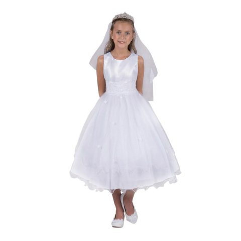 Girls’ White Satin Lace Beadwork Wire Hem Communion Dress, Sizes 2-16
