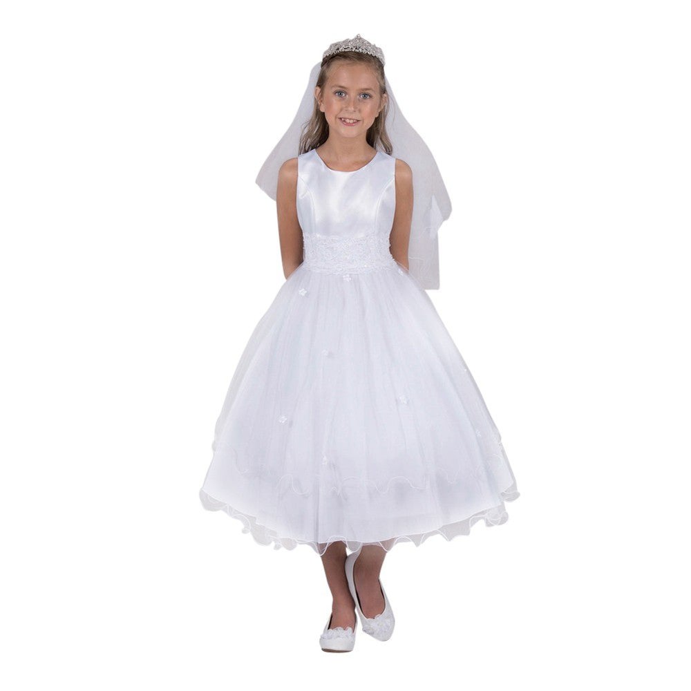 Girls’ White Satin Lace Beadwork Wire Hem Communion Dress, Sizes 2-16