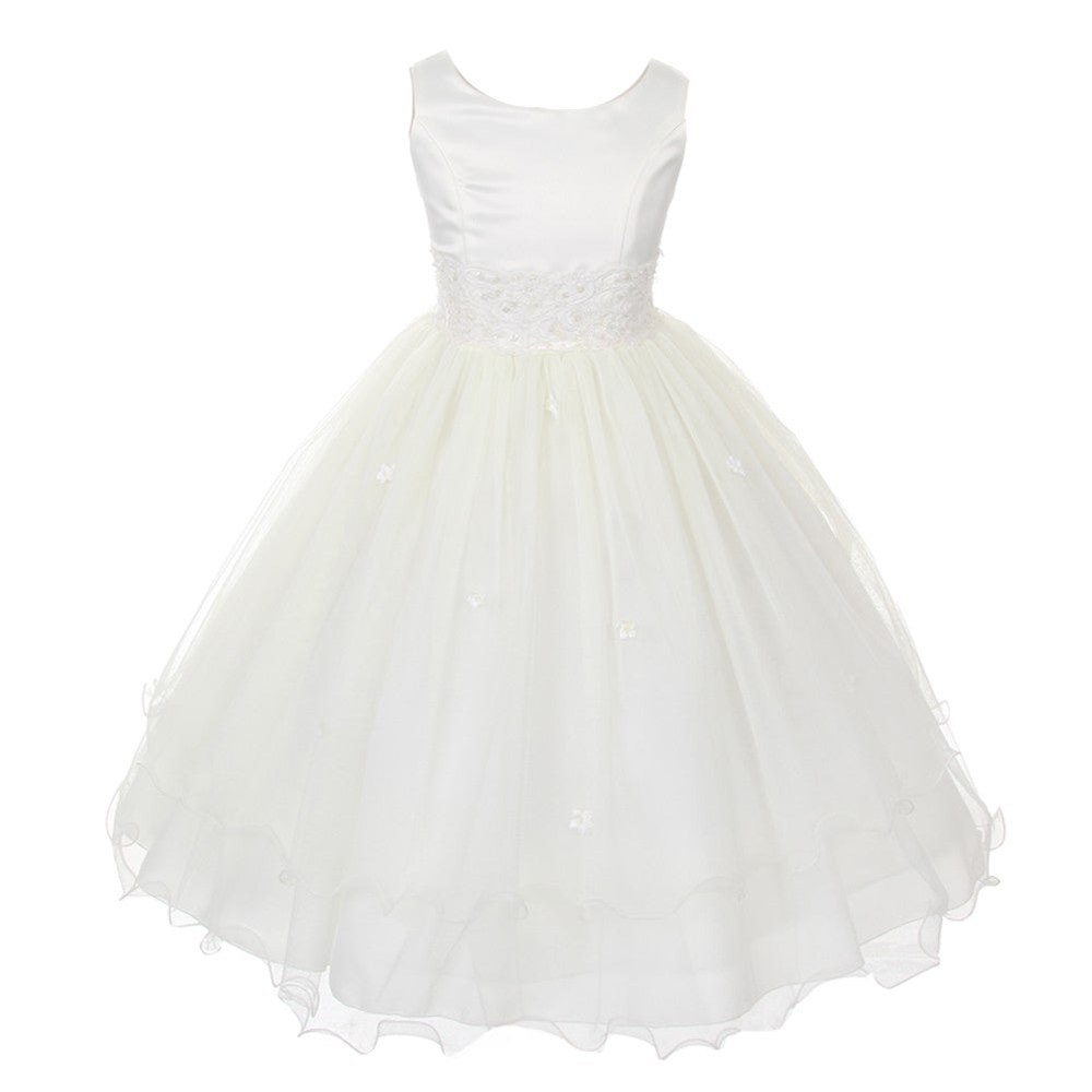 Big Girls Ivory Satin Lace Beadwork Wire Hem Communion Dress 8-16