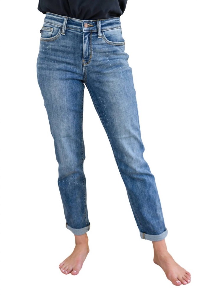 Hi Rise Bleach Splash Boyfriend Jeans In Medium Wash 7704767103036