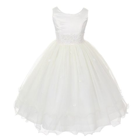 Little Girls Ivory Satin Lace Beadwork Flower Girl Dress 2-6