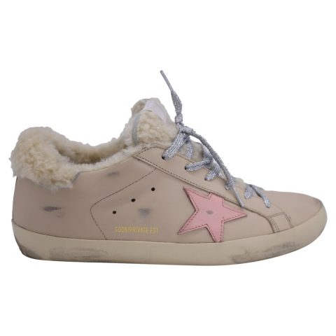 Golden Goose Super-Star with Shearling Low-Top Sneakers in Nude Leather 7833200263228