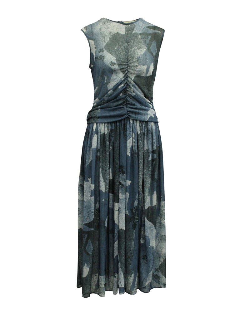Victoria Beckham Ruched Front Midi Dress in Blue Polyester 7833199607868
