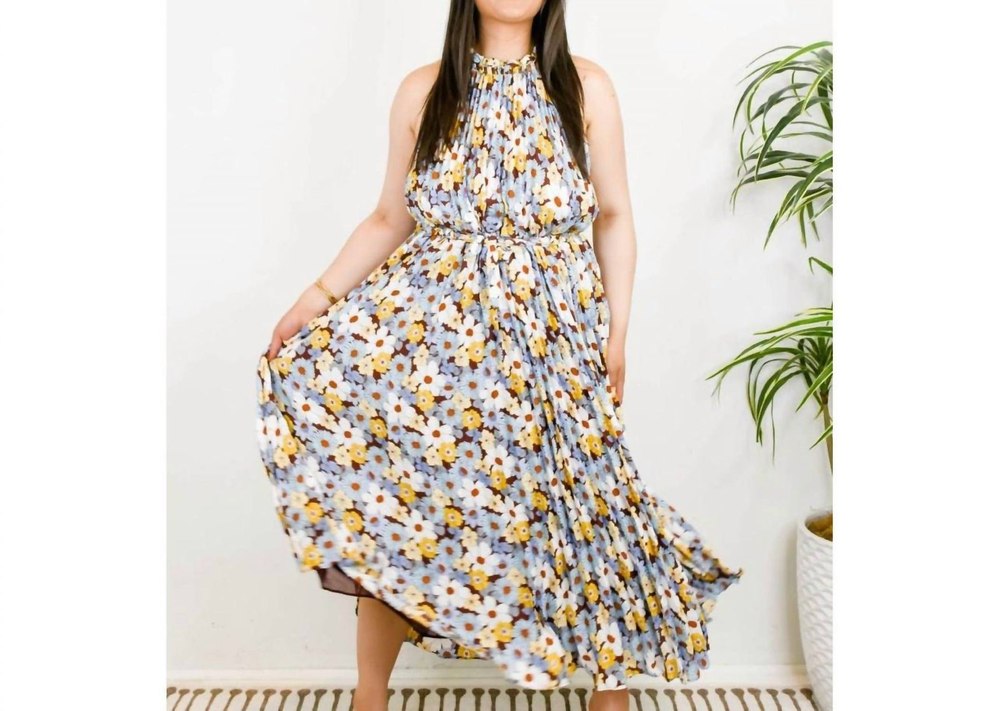 Flower Print Pleated Dress In Blue